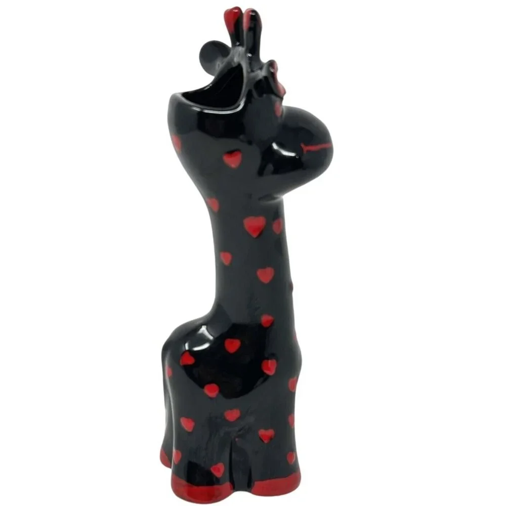 Black Giraffe Red Hearts Ceramic Toothbrush Holder Bud Vase